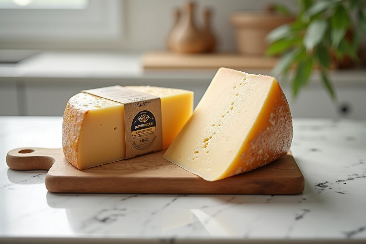 Gros plan de deux morceaux de parmesan sur une planche en bois, avec étiquette PDO et texture intérieure cristalline visible