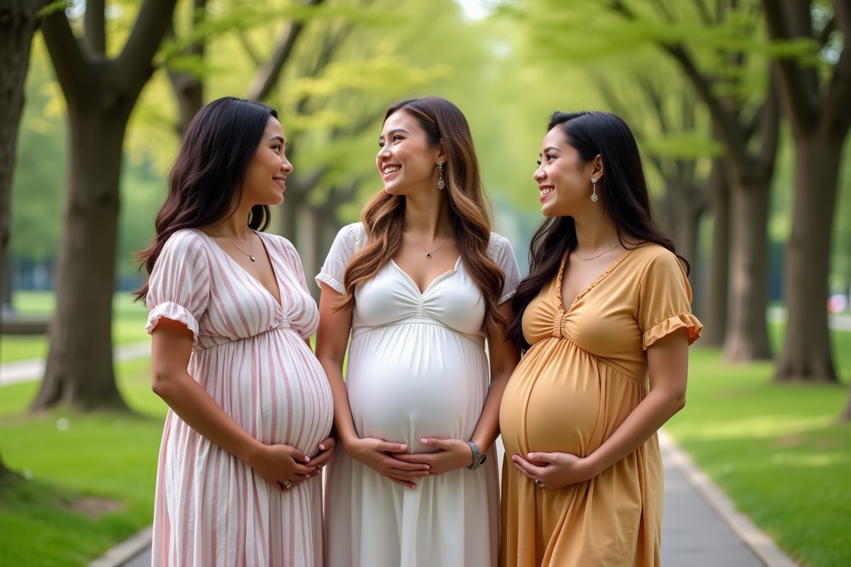 Trois femmes enceintes de différents trimestres dans un parc