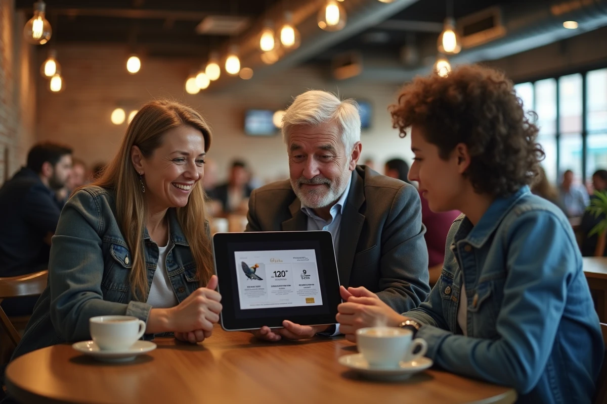 Groupe de personnes discutant d'un phénomène viral de simulateur en ligne autour d'une tablette dans un café