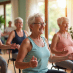 Groupe de seniors pratiquant le yoga en fauteuil ensoleille