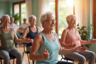 Groupe de seniors pratiquant le yoga en fauteuil ensoleille