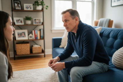 Homme d'âge moyen assis sur un canapé en train d'écouter sa fille