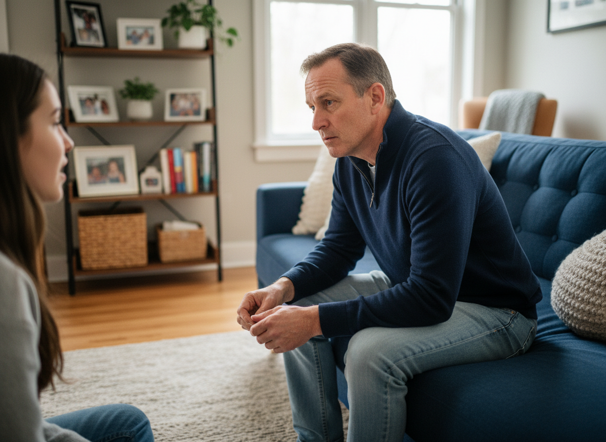 Homme d'âge moyen assis sur un canapé en train d'écouter sa fille