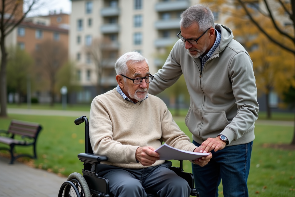 Homme âgé en fauteuil dans un parc urbain avec bénévole