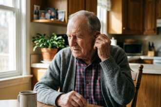 Homme âgé ajustant son aide auditive dans une cuisine chaleureuse