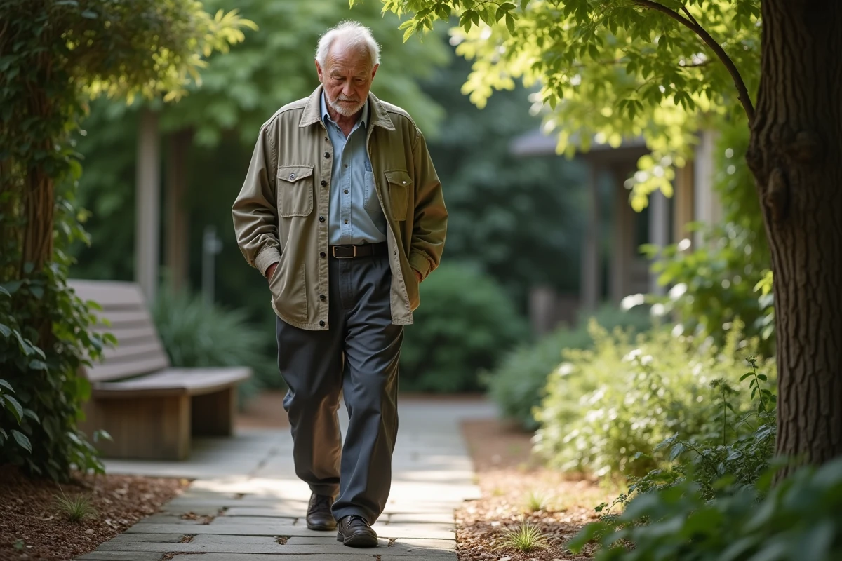 Homme âgé marchant dans un jardin paisible