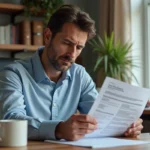 Homme d'âge moyen dans un bureau à domicile examine un rapport médical