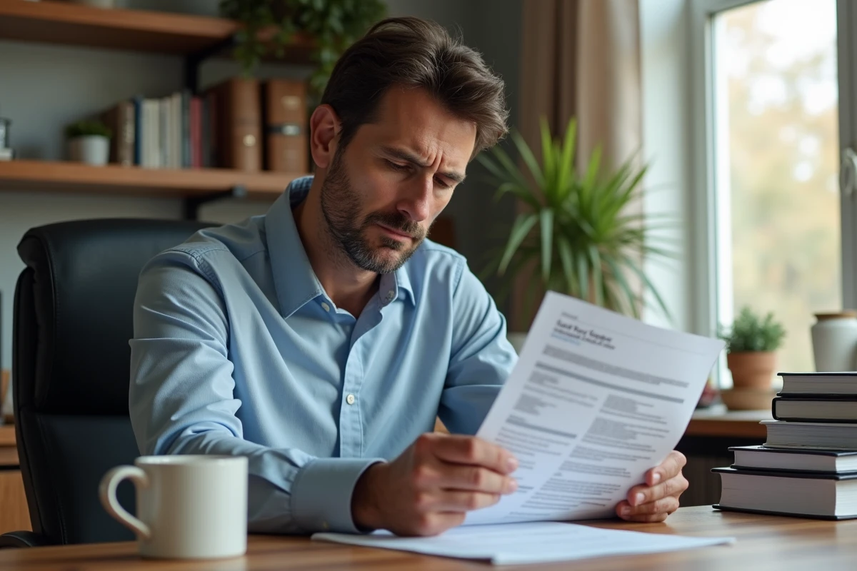Homme d'âge moyen dans un bureau à domicile examine un rapport médical