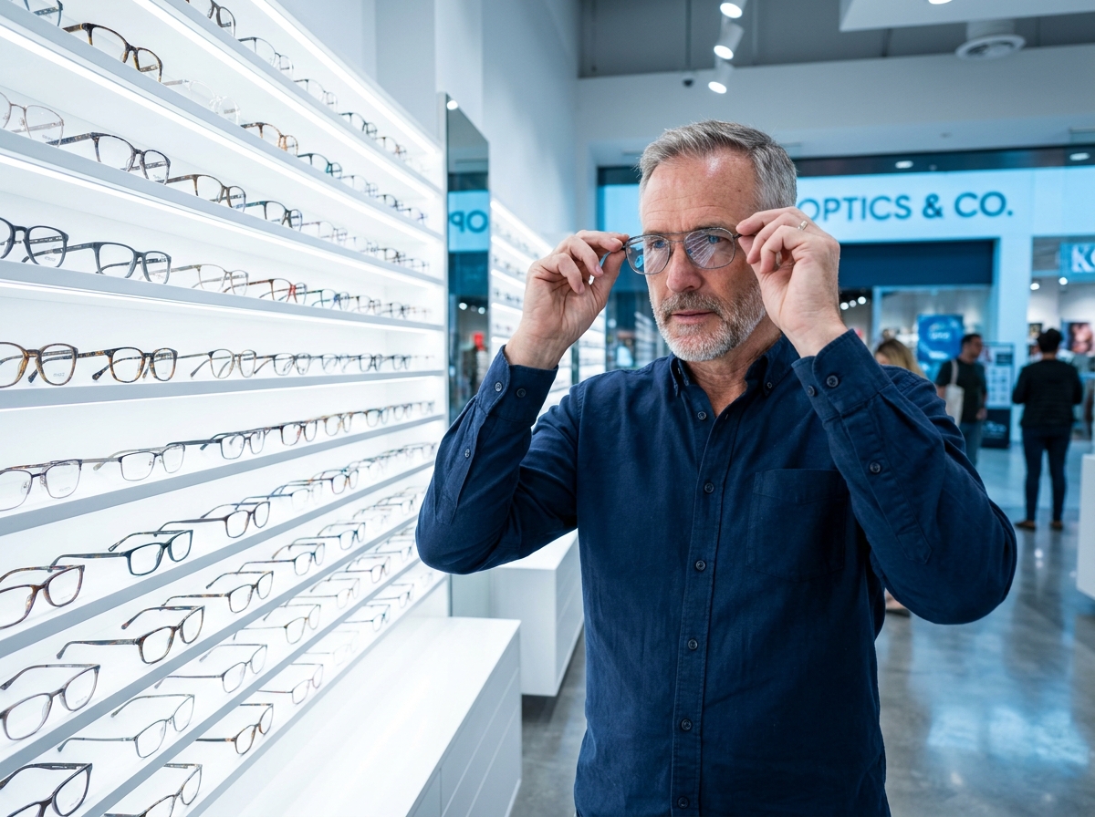 Homme comparant deux paires de lunettes dans un magasin d'optique avant de renouveler sa correction visuelle
