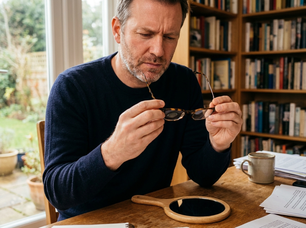 Homme comparant deux paires de lunettes à la maison assis à une table en bois avec miroir à main