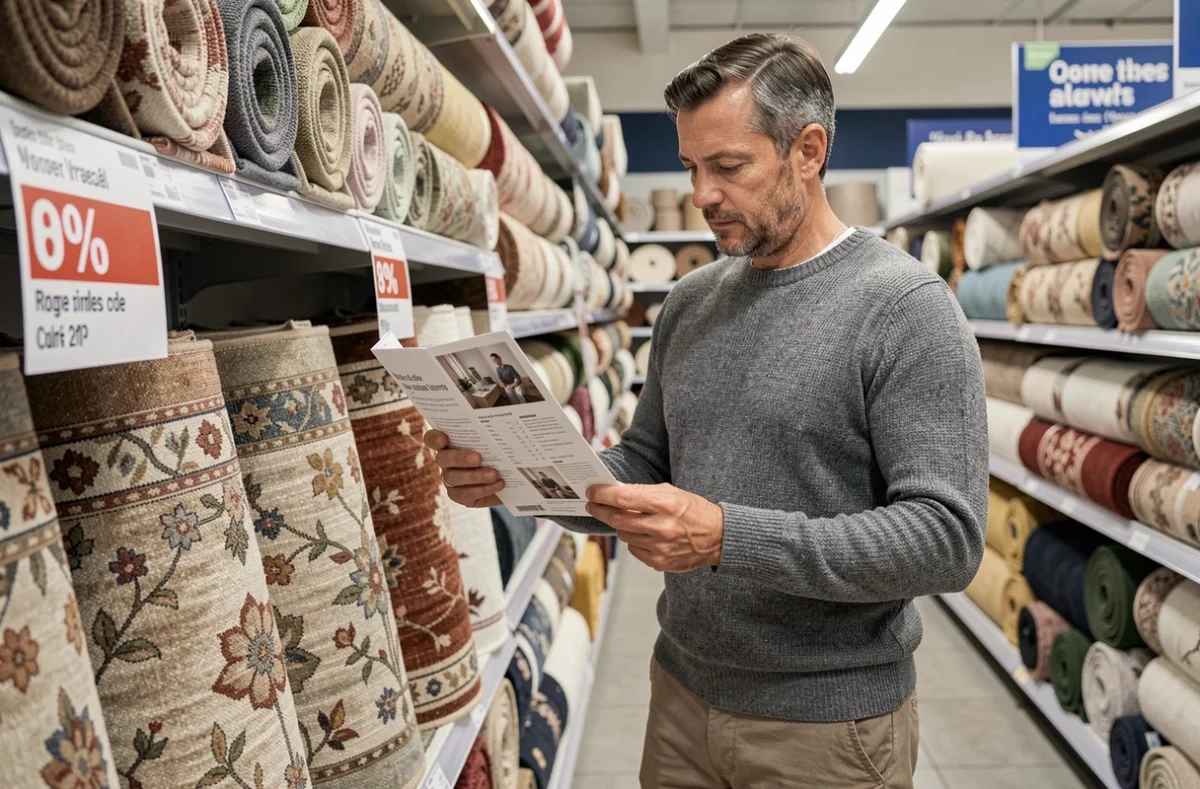 Homme comparant des prix de tapis en promotion dans un magasin, tenant un prospectus de soldes 2026
