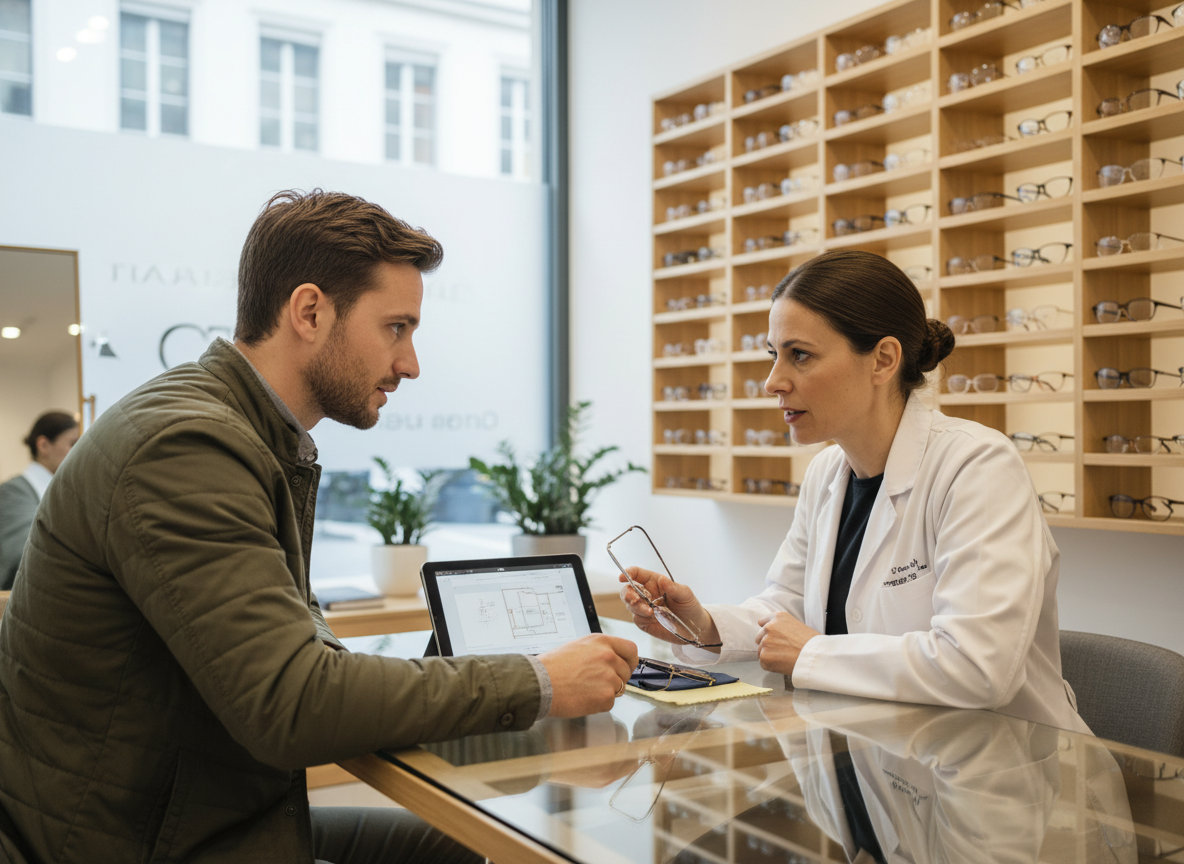Jeune homme en consultation avec un opticien dans un magasin de lunettes