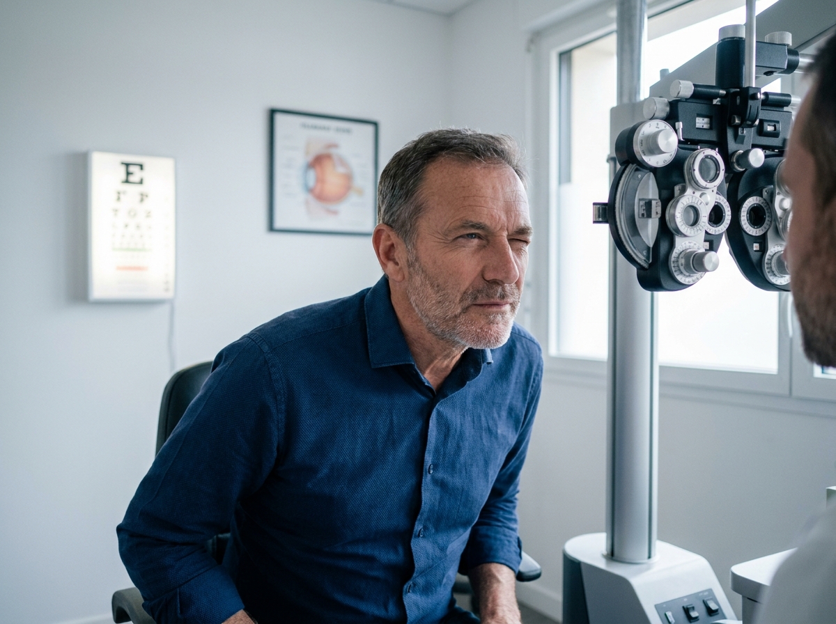 Homme en consultation chez un opticien-optométriste à Valence pour un bilan de vue