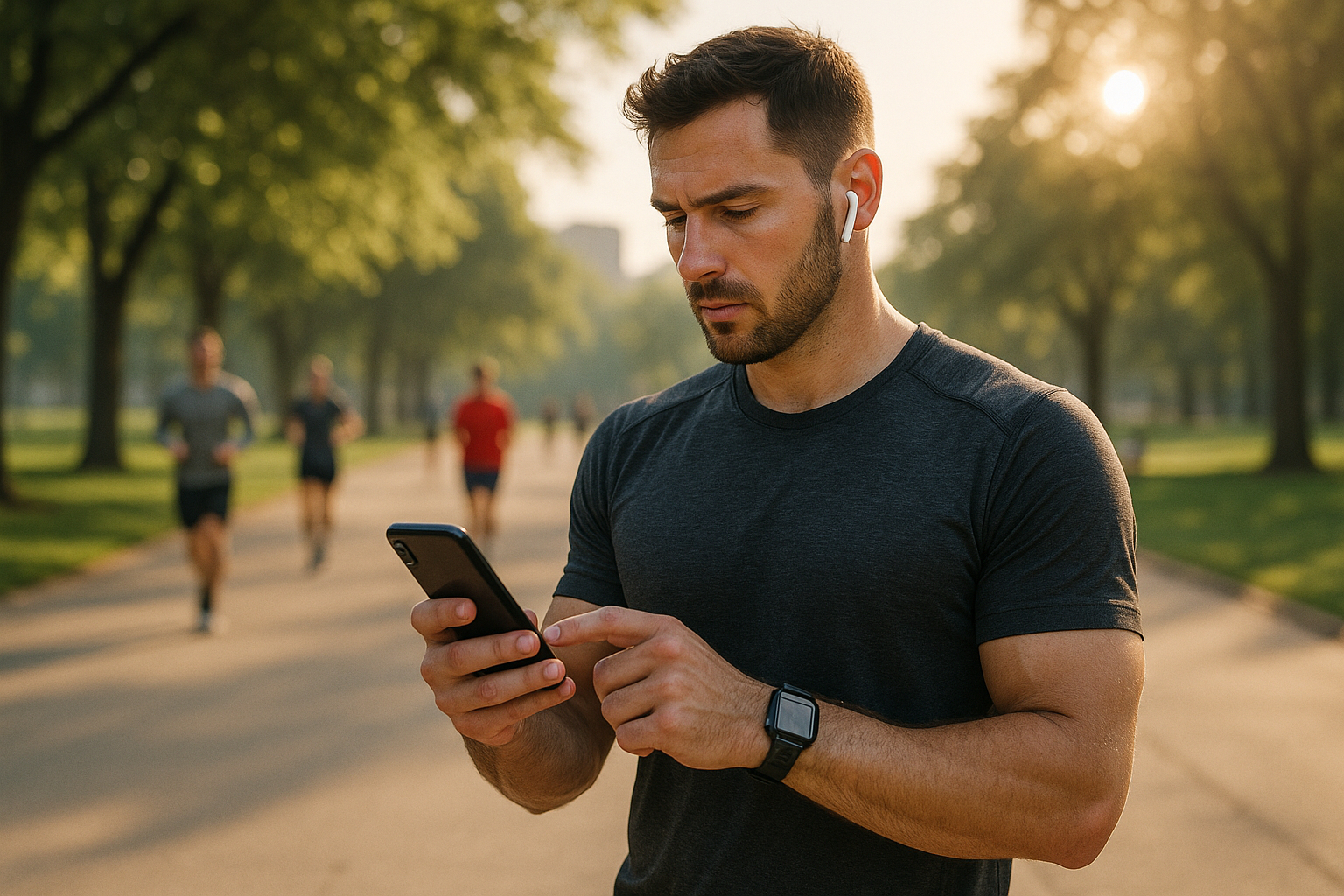 Homme sportif vérifiant assurance santé après course