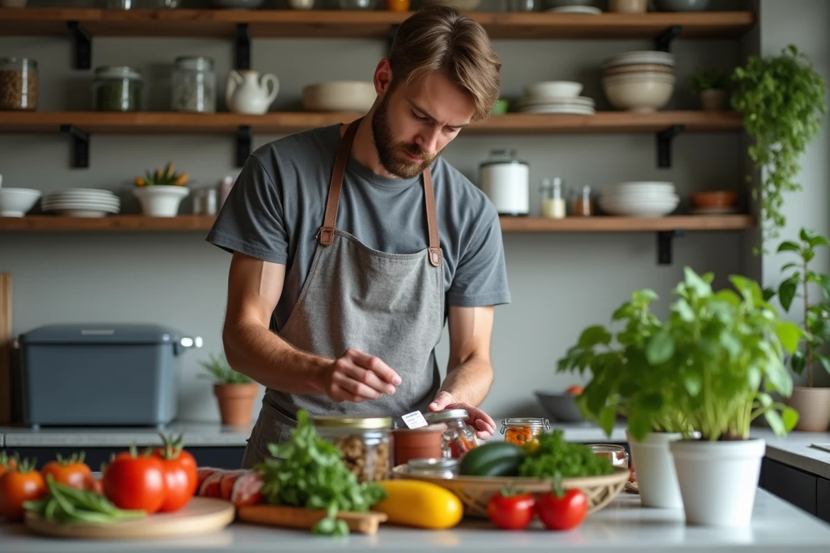 Homme dans une cuisine zéro déchet triant des légumes et des produits bio dans des bocaux en verre pour réduire son empreinte écologique