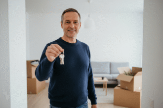 Homme d'âge moyen souriant devant son appartement rénové