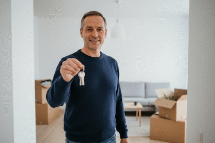 Homme d'âge moyen souriant devant son appartement rénové