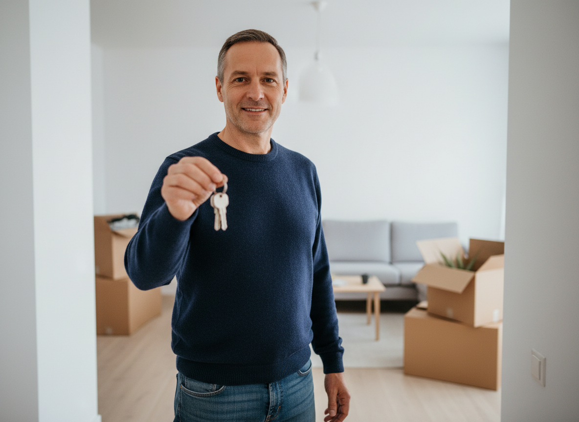 Homme d'âge moyen souriant devant son appartement rénové