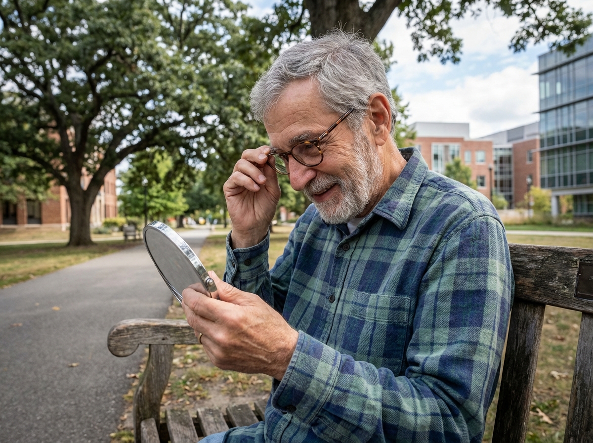 Homme âgé essayant des lunettes dans un parc urbain