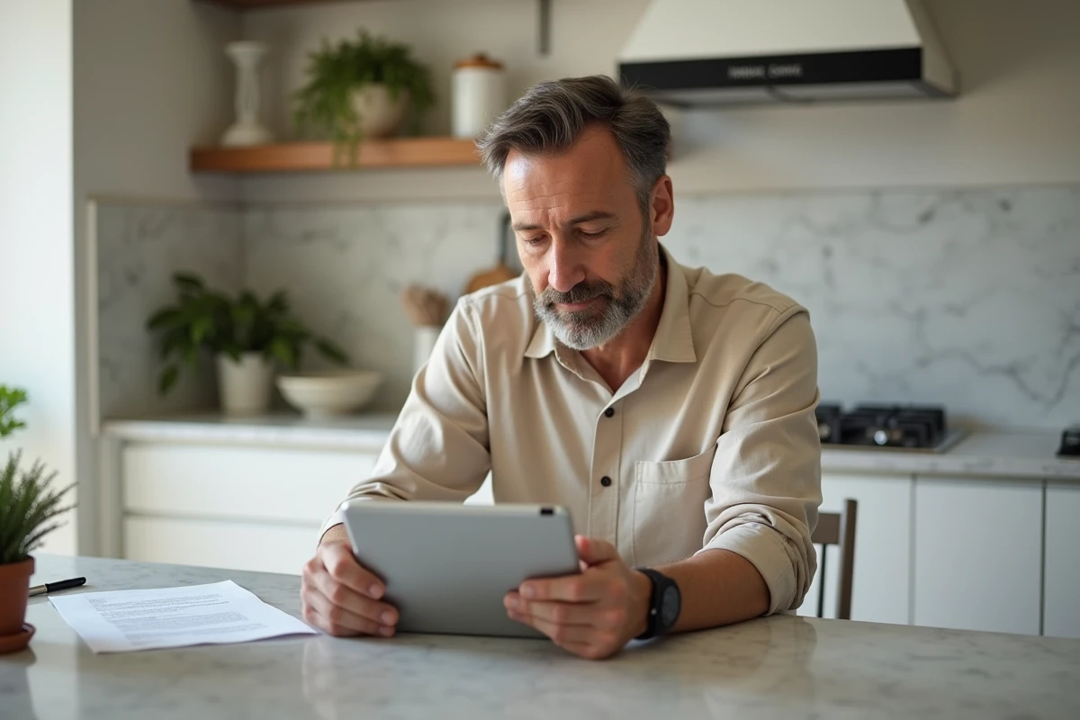 Homme gérant son contrat Groupama Sévéane depuis une tablette à domicile