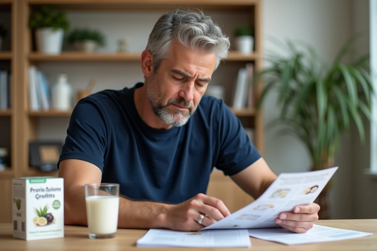 Homme consultant un guide nutritionnel sur les probiotiques à son bureau avec des compléments pour l'immunité