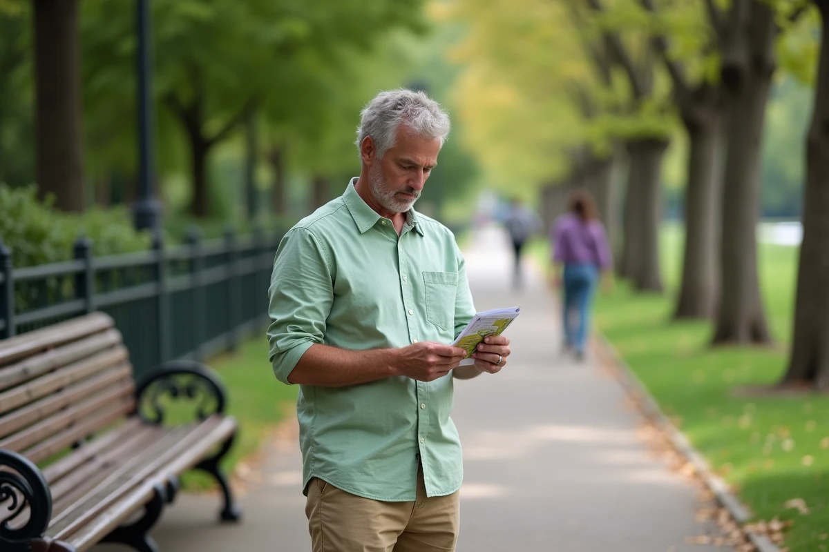 Homme lisant un dépliant dans un parc en extérieur