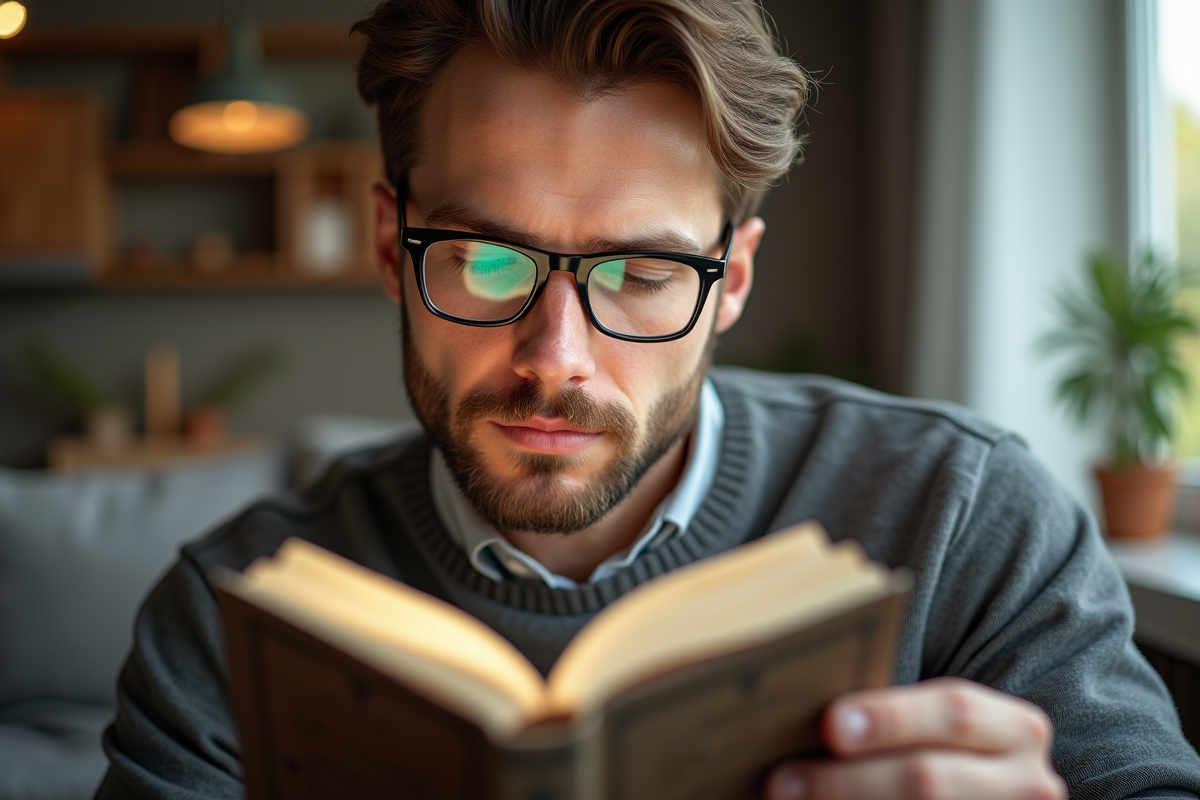 Homme portant des lunettes modernes lisant un livre dans un salon lumineux