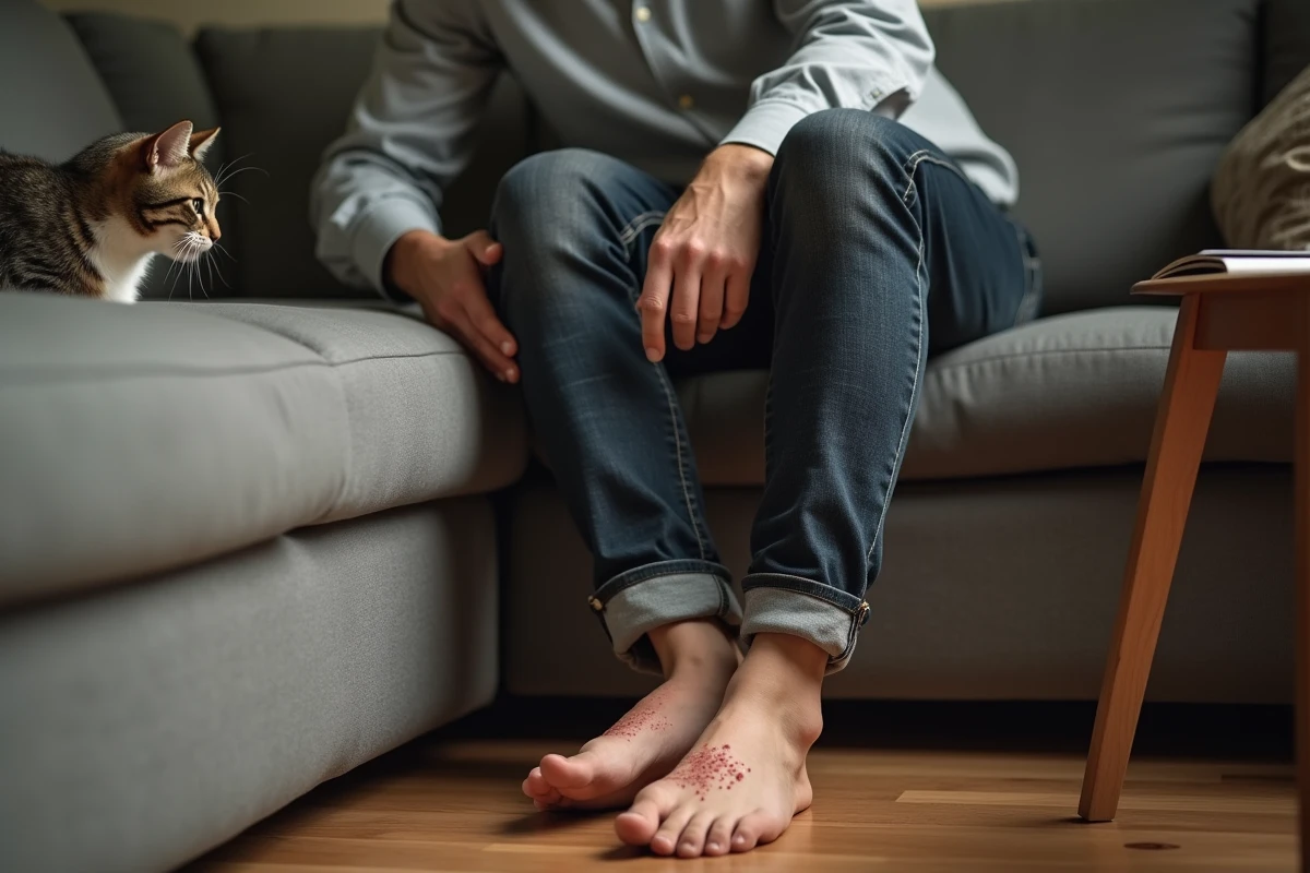 Homme à son domicile observant des piqûres de puces sur sa cheville avec son chat en arrière-plan