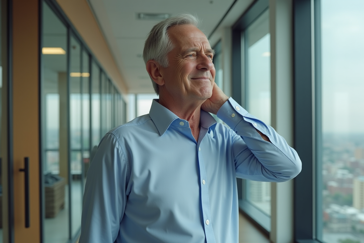 Homme d age se tenant le cou au bureau