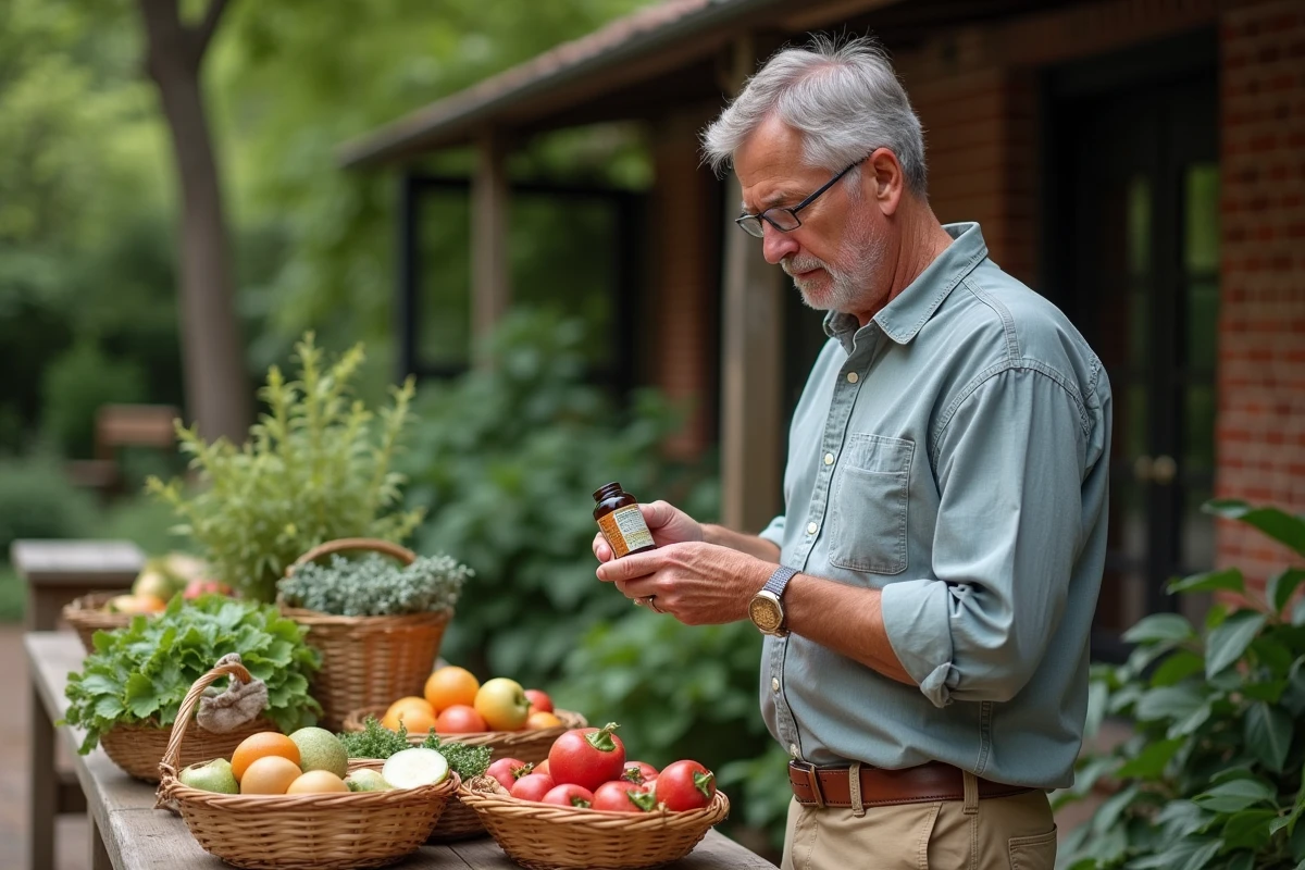 Homme lisant une bouteille de supplement devant un marché