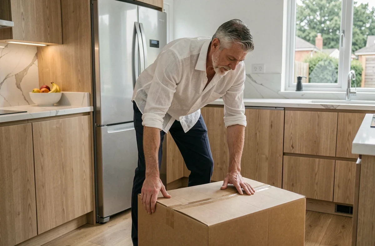 Homme se penchant mal pour soulever un carton lourd, geste à éviter pour protéger le sacrum et le bas du dos