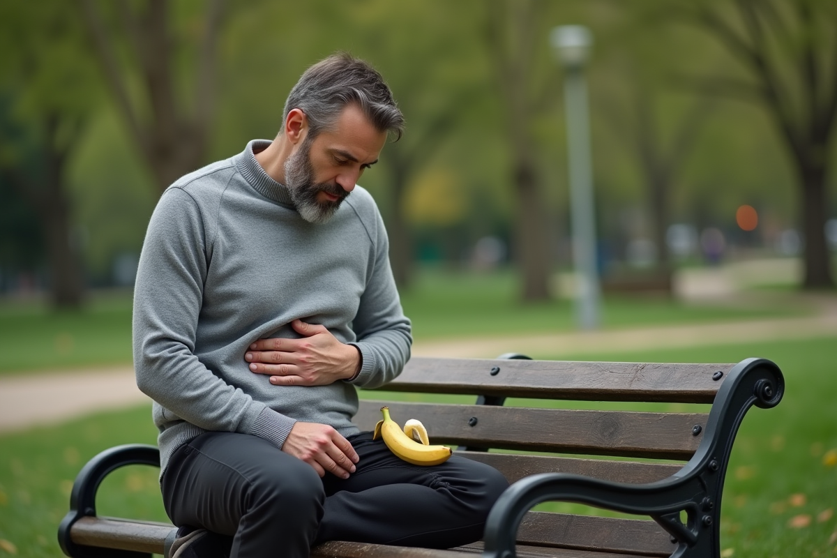 Homme dans le parc avec banane et expression pensive