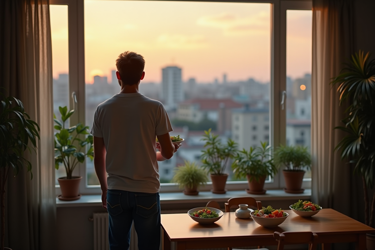 Homme méditant près de la fenêtre avec salade dans la main