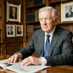 Portrait d'un homme politique français âgé assis dans un bureau parisien classique, expression réfléchie, presse française sur le bureau