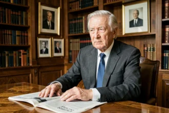 Portrait d'un homme politique français âgé assis dans un bureau parisien classique, expression réfléchie, presse française sur le bureau