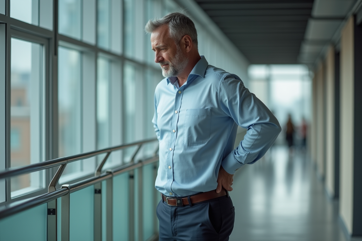 Homme d age dans un couloir de bureau moderne