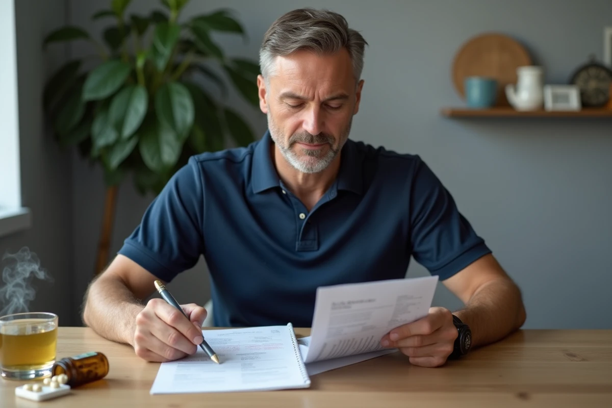 Homme étudiant les différences entre aliments thermogéniques et compléments alimentaires brûle-graisses à son bureau