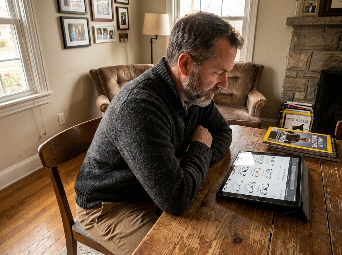 Homme recherchant des lunettes sur une tablette à la maison