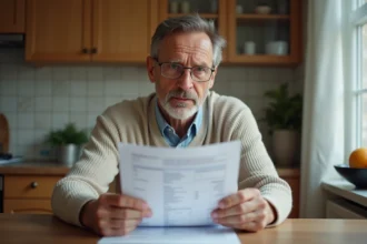 Homme d'âge moyen examine ses résultats médicaux dans la cuisine