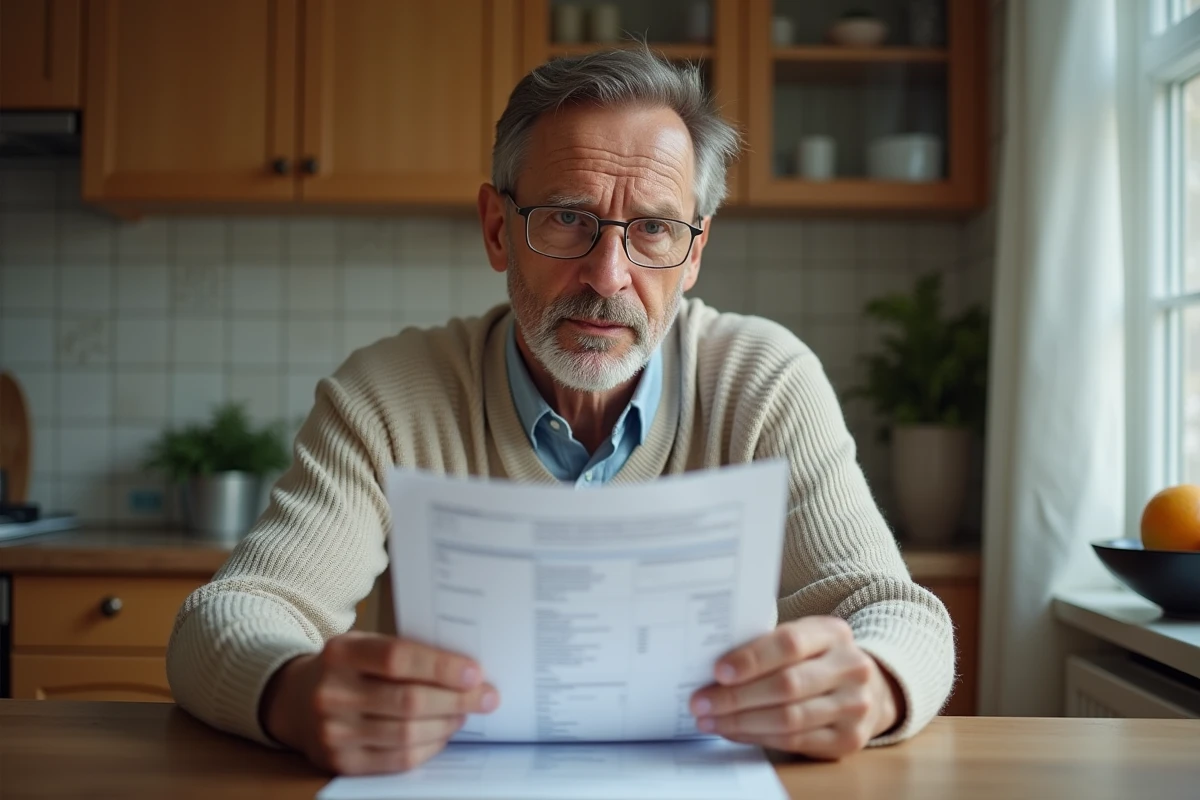Homme d'âge moyen examine ses résultats médicaux dans la cuisine