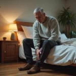 Homme d'âge moyen se massant les jambes dans sa chambre