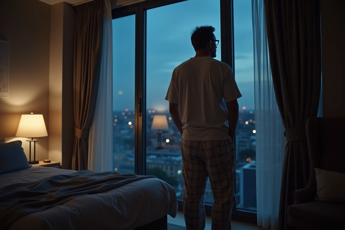 Homme regardant la ville la nuit depuis la fenêtre