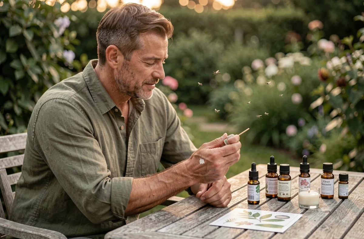 Homme appliquant un répulsif naturel anti-moustiques à base d'huiles essentielles sur sa terrasse en bois au crépuscule
