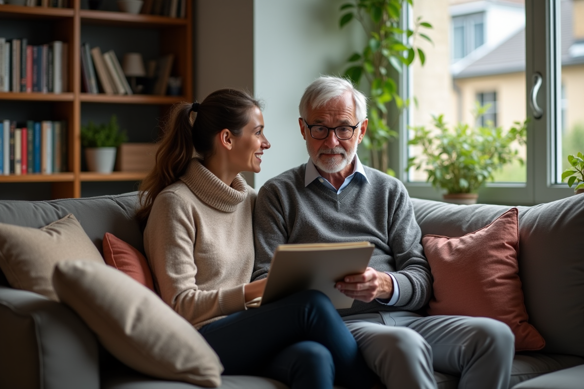 Homme senior avec sa fille dans un salon parisien chaleureux