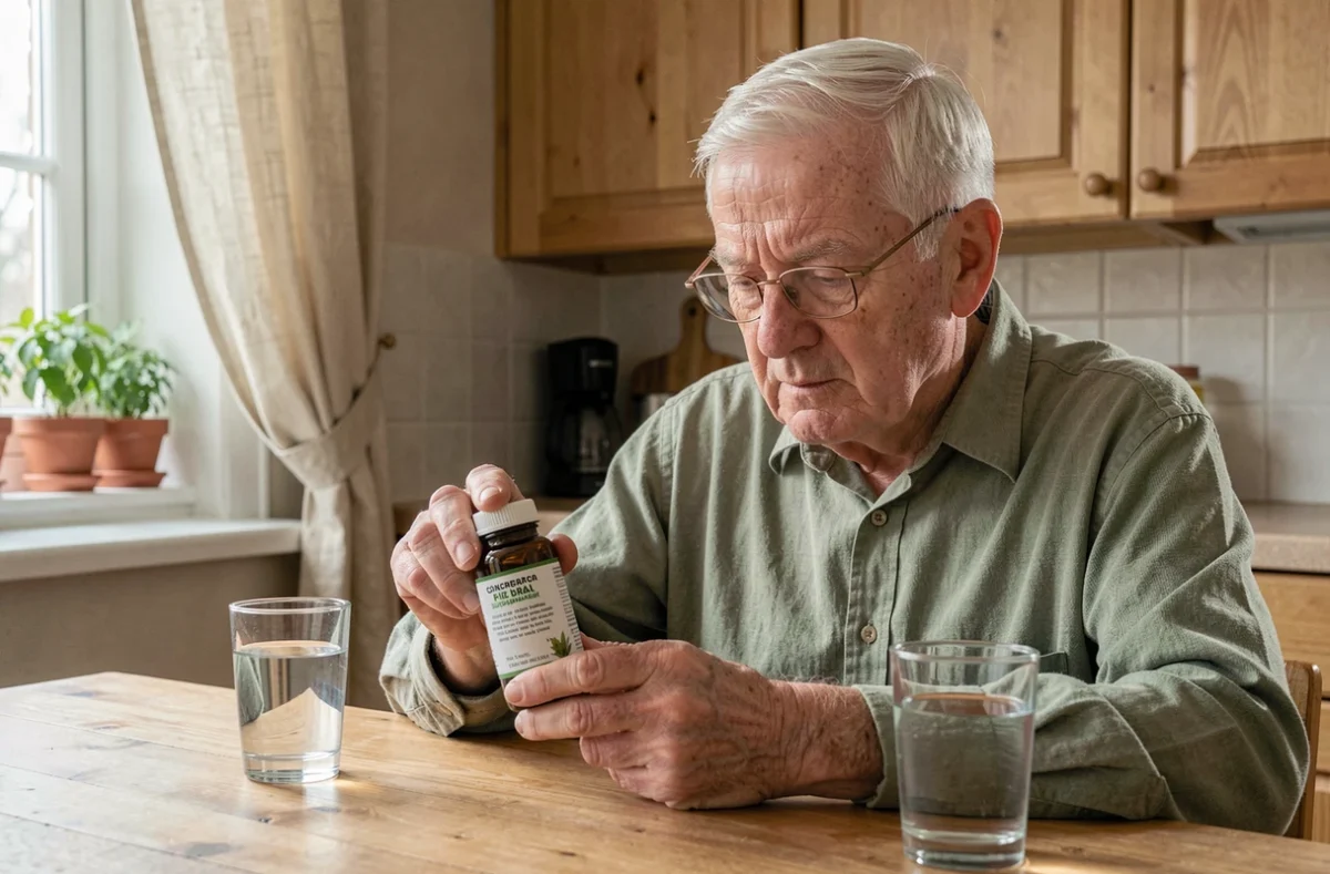 Homme senior lisant l'étiquette d'un complément à base d'argile en cuisine, solution naturelle contre les raideurs
