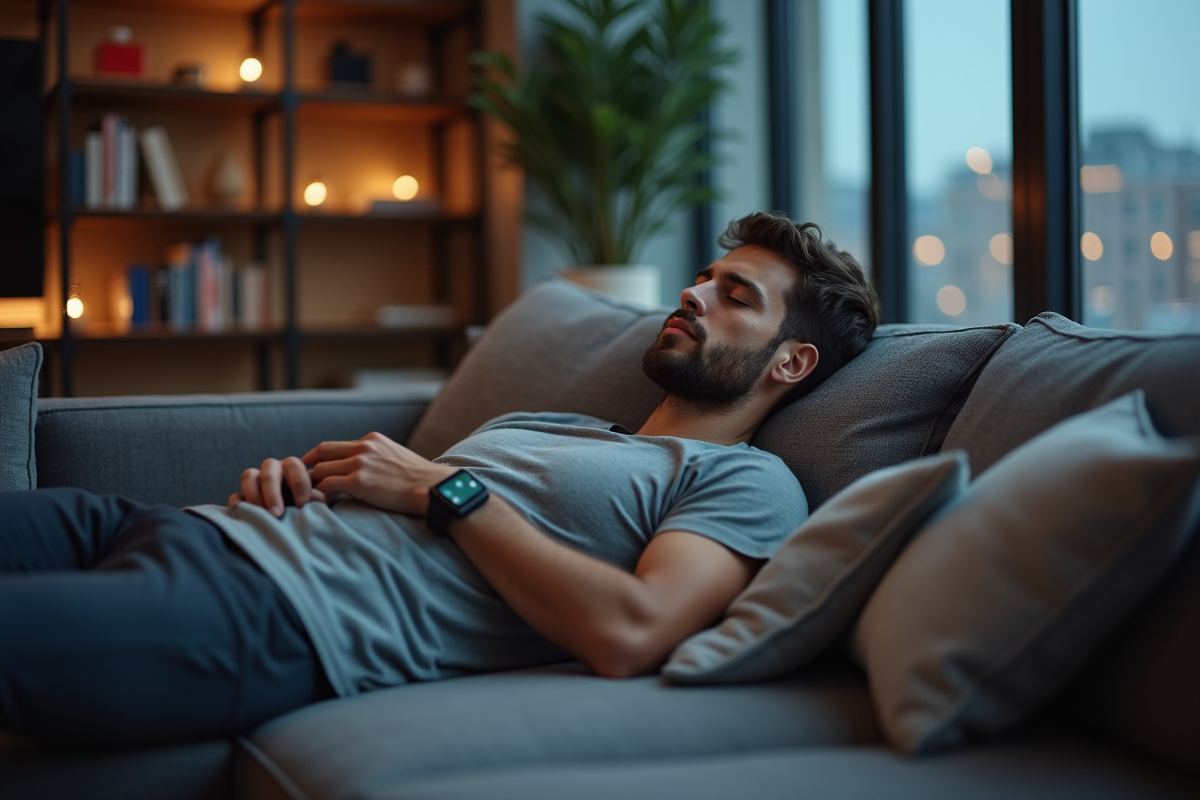 Homme endormi sur le canapé avec tracker de fitness