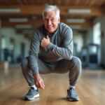 Homme âgé faisant un squat en salle lumineuse