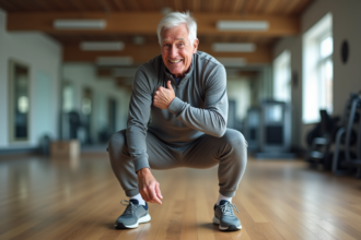 Homme âgé faisant un squat en salle lumineuse