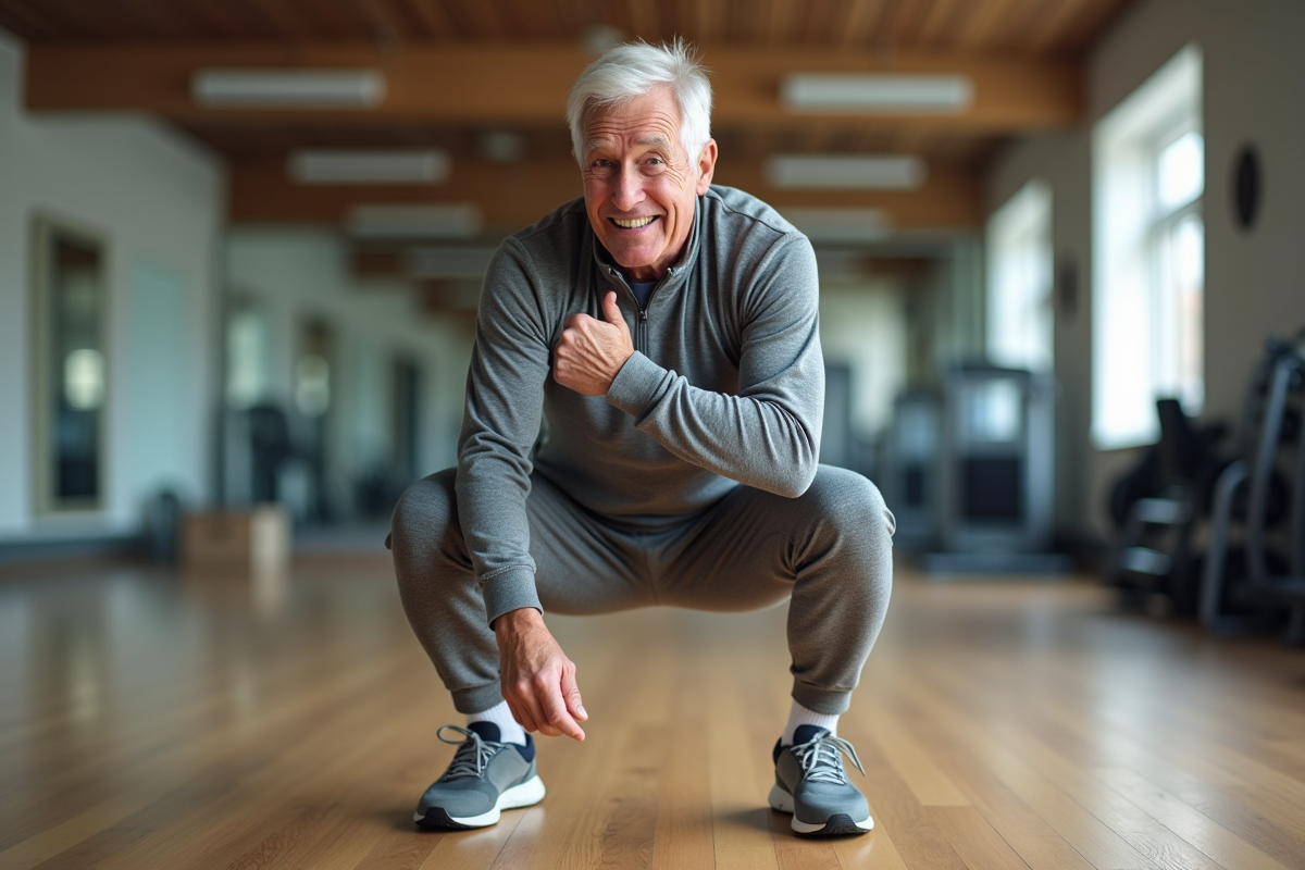 Homme âgé faisant un squat en salle lumineuse