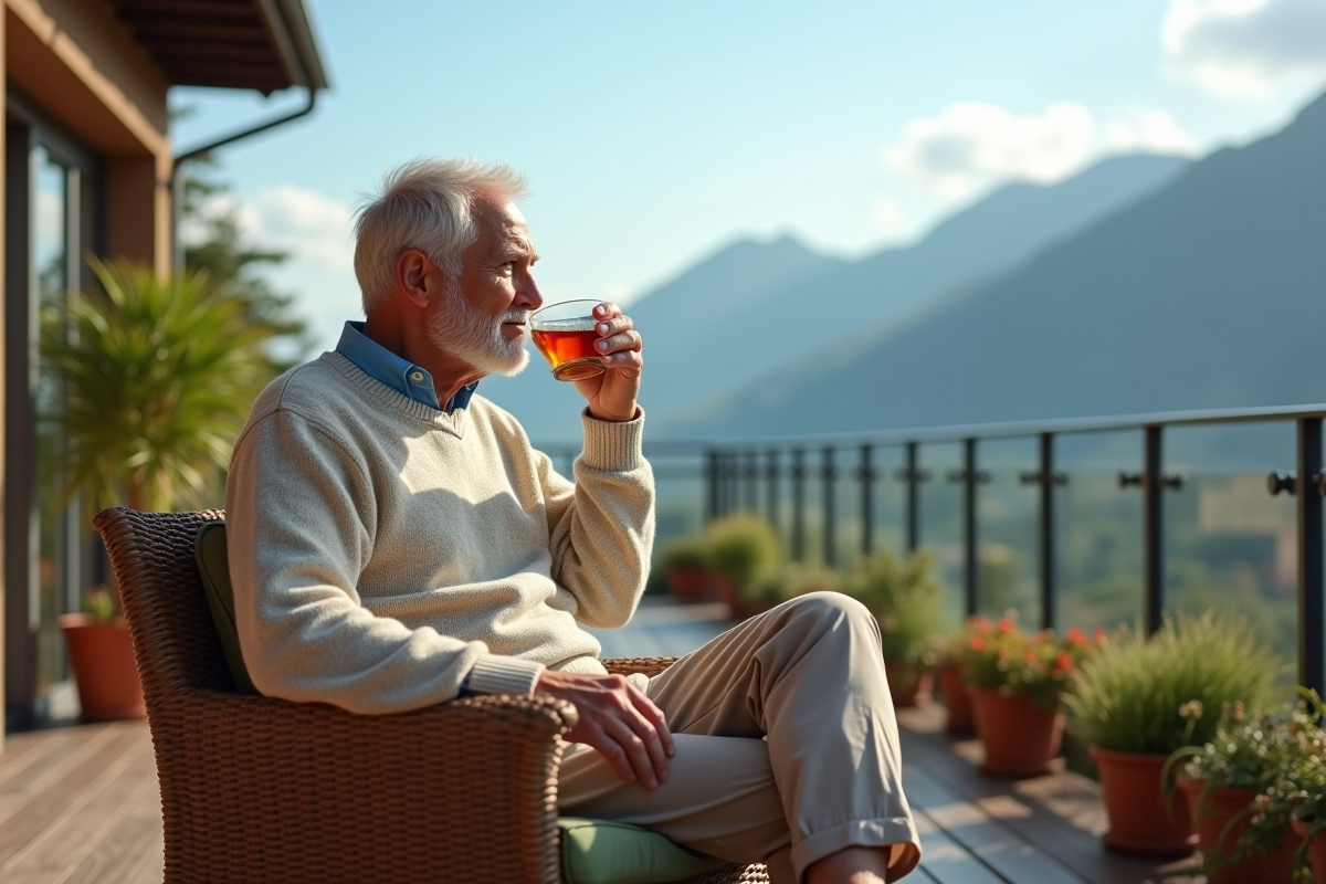 Homme senior sirotant thé sur terrasse en montagne